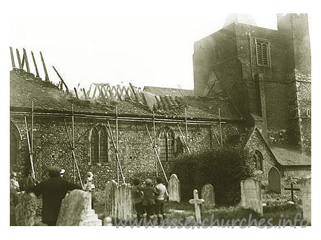 St Giles & All Saints, Orsett Church - Fire at Orsett Church, July 1926
Both Orsett and Tilbury fire brigades were in attendance at the fire which caused serious damage to the church, much of the roof was destroyed, ancient stained glass was also destroyed.
This image was supplied by Steve Pavitt. The original source 
is, as yet, unknown, but will be credited ASAP.
Please visit Steve's superb website,
Bygone Grays Thurrock.
