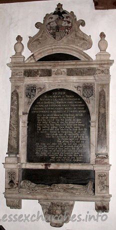 St Andrew, Hornchurch Church - SACRED to the memory of Thomas Withrings Esq cheife postmaster of Great Brittaine & Forreigne parts. Second to none, for unfathom'd pollicy unparralleld sagacious & diving genious. Witness his great correspondency in all parts of ye christian world.

	Here lies inter'd whom God from hence did call
	By speedy summons to his funerall
	Upon his sacred Day the world by love
	May judge it was to sing his praise above
	When on his way unto God's house love brings
	Him swifter passage upon Angells wings
	Full spread with zeale whereon his Soule doth fly
	To mercies throne in Twinckling of an eye
	... This Epitaph may all him justly give
	... who dies in Christ he dies not but to live
	... ... In Christo mori est vivere
	... ... Obijt Ano Dni 1651, Aetat suae 55
	His Sonne and Heire with Him here doth lye
	Scarce five yeares old but pregnant then did dye
	Hopefull for virtue of those yeares but all
	Both young and old must hence when God doth call
	And happy are so good exchange to make
	Of this vile world for that to come they take
	... Obijt aetatis suae Ano sere quinto
	... Filius sane tasi Patrae digniffimas

