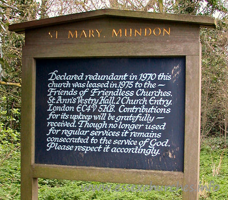 St Mary, Mundon Church - 



Please support the Friends of Friendless Churches. See the 
'Cover Sheet' for a link to their website, which details both Mundon, and all of 
their other churches.



