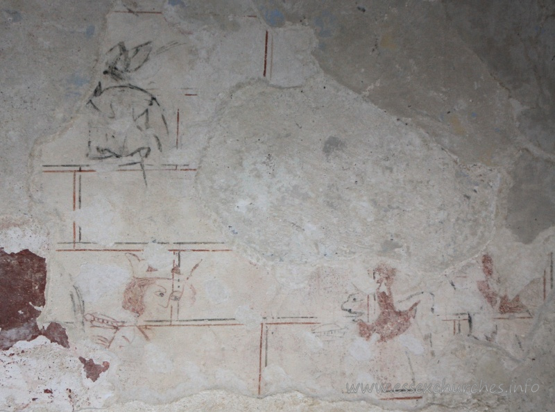 St Mary, Mundon Church - This is the earliest scheme of wall painting, and has recently been identified as the Martyrdom of St Edmund, King of East Anglia by Professor David Park, Courtauld Institute of Art, Conservation of Wall Paintings Department. He is crowned and the Danes are shooting arrows at him from in front and behind. === Only the head and shoulders of the Edmund figure, in three-quarter profile, remain, outlined in red, with his hair painted red and his eyes painted black. Behind the saint are vestiges of a bow, hand and arrow: the bow outlined in black; the arrow and hand in red. Facing him are the remains of two hooded figures in profile, the nearest is shooting another arrow: this and the figures are outlined in black; their hoods are red. === Above the Edmund figure is an unidentifiable figure outlined in black.



