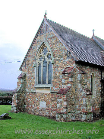 St Lawrence & All Saints, Steeple Church - 


This church's most distinctive feature is its masonry. 
Built by architect F. Chancellor, 1884, his brown stone walls 
have mixed in, completely randomly, bricks at all angles.
