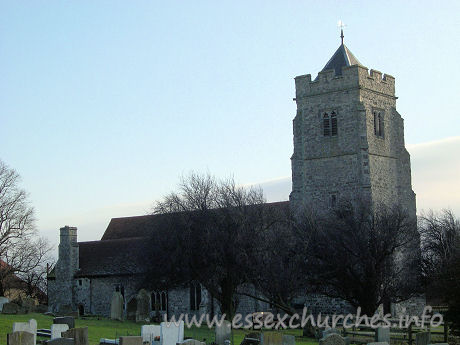 All Saints, Rettendon Church - The Kentish Rag tower is diagonally buttressed. It has a low 
pyramid roof, a SE stair turret and is embattled.

	Image reproduced by kind


	permission of Julie Archer.


