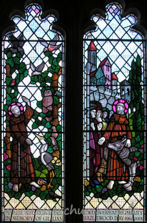 All Saints, Nazeing Church - This early C21 glass was designed by Peter Cormack. "Praise and serve the Lord in great humility. In memory of Gillian Hazlewood Day. 1962-2001."