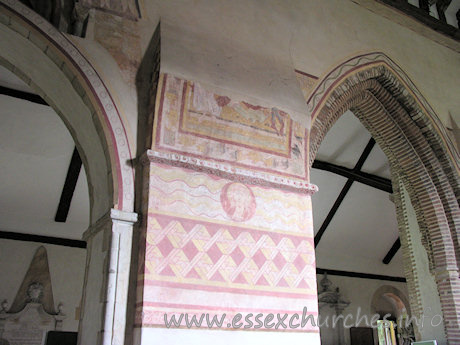 St Michael & All Angels, Copford Church - Another springer on the S wall of the nave. Note the two different styles of arch on either side. The arch to the left is pointed, with angled shafter responds. To the right, the arch is altogether rather different. Both the arch and it's response are triple-chamfered, and are constructed entirely of brick. However, only the outer order uses Roman bricks. The inner orders appear to use home-made or imported bricks, yet the date is apparently no later than c.1300. According to Bettley's Buildings of England: Essex, these bricks are therefore amongst the earliest medieval ones in England.