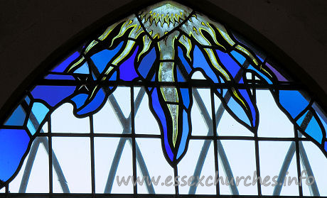 All Saints, Vange Church - The remaining coloured glass from the E window.
Ben, the keyholder who kindly showed us around, explained that 
much of the broken glass was collected from the floor, and is now displayed in 
an ornamental fashion at St Chad's church (also in Vange).


