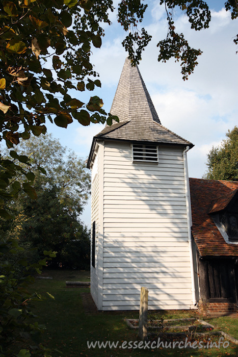 St Andrew, Greensted Church - Here can be seen the tower, which according to a date on one of the bells "William Land made me 1618", is early-C17 or before. Many consider the tower to be earlier, as Essex is famed for it's mediaeval wooden towers and belfries.