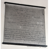 St Mary the Virgin, North Shoebury Church - This Tablet is erected to the memory of Mrs Ann Phillips, wife of the Revd Wm Luke Phillips, Vicar of this Parish: who finished her mortal course June 28th AD 1802, aged 33 years. and whose remains are deposited in a vault in the aisle beneath. === Virtuous, faithful, kind, who wish to know What more she was - a future day will show. Farewell, belov'd until the Word divine. Shall bid thy sorrowing partner mix his dust with thine. When to the trump will sound from joyful skies, And freed from mould'ring tombs, together we shall rise.