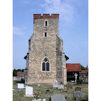 St Andrew, South Shoebury Church - Early 14th Century tower with diagonal buttresses. The brick 
battlements are from the 18th Century.
