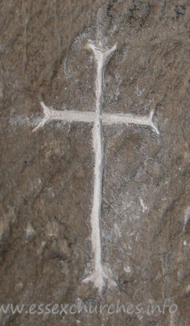 St Andrew, South Shoebury Church - A cross, scratched into the wall around the S doorway.
I was informed that this is a sign that a church has been 
consecrated.
