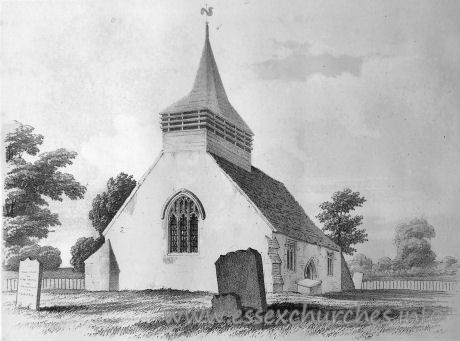 All Saints, Hutton Church - This image, which hangs in the church, shows the church as it was in 1845. Note the S door, the lack of S chapel, and the much shortened length of the church.
