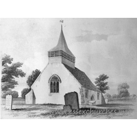 All Saints, Hutton Church - This image, which hangs in the church, shows the church as it was in 1845. Note the S door, the lack of S chapel, and the much shortened length of the church.