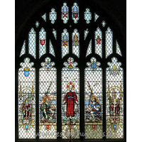 St Andrew, Hornchurch Church - 
	
		Image reproduced by kind 
	
	
		permission of Julie Archer.
	

From the church's own website
The E window replaces one destroyed by enemy action in the second world war and is dedicated to the memory of Thomas Mashiter. It shows the arms of the Dioceses of Rochester, London, Chelmsford and St Albans and those of the county of Essex and the Urban District of Hornchurch. From L to R this window shows: Edward the Confessor in front of Westminster Abbey holding in his left hand a ring, referring to the legend of Have-a-ring. Next St Andrew, in the centre Christ standing on the shores of a lake, next St Peter and on the extreme right William of Wykeham with New College Oxford in the background. The theme is "Follow me and I will make you fishers of men". The window was designed by Gerald Smith and made by the Nicholson Stained Glass Studio on 1954.