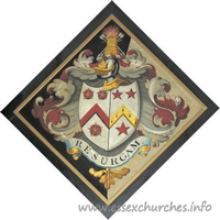 St John, Finchingfield Church - For Thomas Ruggles, of Spains Hall, who married 2nd, 1799, Jane Anne, daughter of John Freeland, of Cobham, Surrey, and died 17 November 1813, aged 68.
 
Details taken from Hatchments in Britain: 6, Edited by Peter Summers