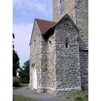 St Nicholas, Great Wakering Church - From Pevsner: "The most singular feature of this church is 
the two-storeyed C15 W porch added to the Norman W tower. This is an Early Saxon 
motif, and one wonders what can have been the reason for introducing it here? 
Older foundations, or simply some obstacle in the way of a two-storeyed S 
porch?"
