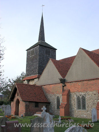 St Laurence & All Saints, Eastwood Church - 


Tower - added early 13th century - upper part replaced by 
timber bell turret pre-1770. 
Brick South porch - 16th century, housing original 13th 
century south door.















