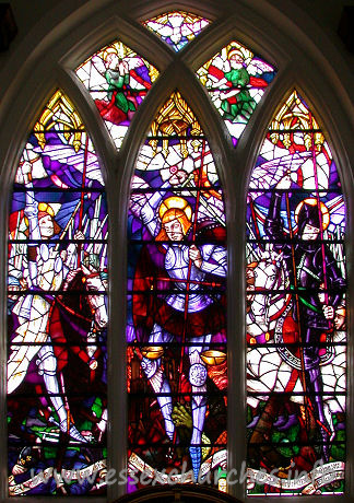 , Theydon%Mount Church - 


The East window, depicting St Michael's war in heaven against 
Lucifer, the rebel Archangel - afterwards called Satan, was given in memory of 
Major Charles Hunter and his wife. It has recently been restored, to prevent 
damage due to bending lead fittings.
















