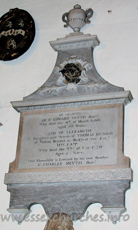 , Theydon%Mount Church - 



	IN MEMORY
OF Sr EDWARD SMYTH Barr
Who died the 4th of March 1760
Aged 30 Years;

AND OF ELIZABETH
the Daughter and Heiress of THOMAS JOHNSON
of Milton Bryant in Bedfordshire esqr
HIS LADY
Who died the 22nd of June 1770
Aged 34 Years;

This Monument is Erected by his next Brother
Sr CHARLES SMYTH Barr


















