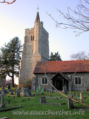 St Mary, Runwell Church - The W tower is constructed from Kentish ragstone. It is 
diagonally buttressed, and has a round stair turret. St Mary's as a whole is 
basically late fourteenth century.




