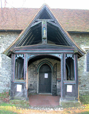 St Mary, Runwell Church - The N porch, seen here, has many interesting features. The 
most prominent, though, being the result of a rector in the 1930s, who was 
rather fond of painting.





