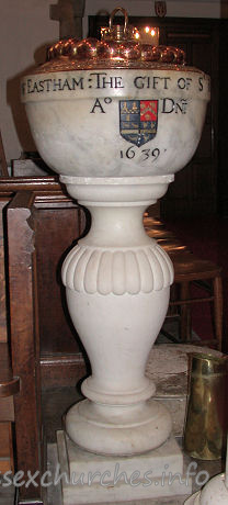 St Mary Magdalene, East Ham Church - This font consists of a bowl given by Sir Richard Heigham in 
1639, and a later pedestal.
