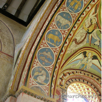 St Michael & All Angels, Copford Church - The left-most part of the underneath of the chancel arch, which depicts all 12 signs of the zodiac.From bottom to top can be seen: Aquarius, Pisces, Aries and Taurus.