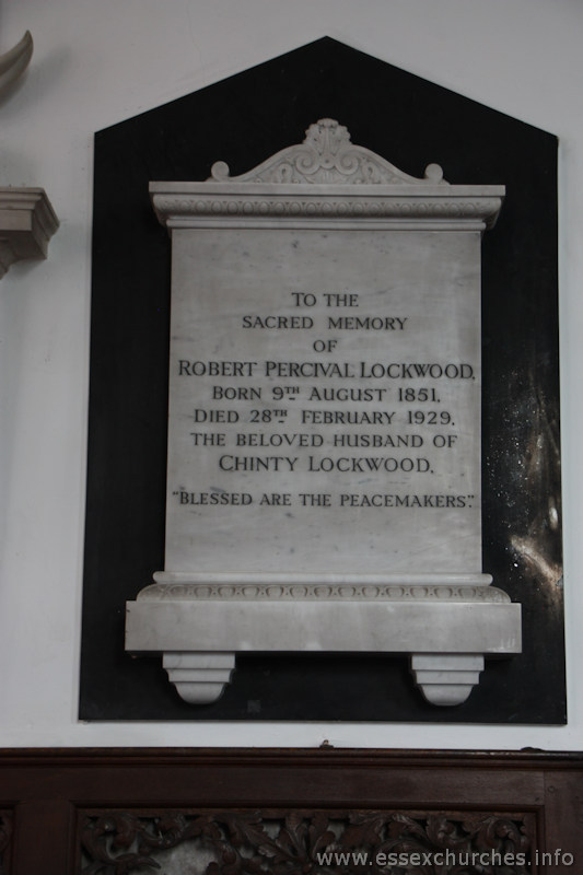 St Mary & All Saints, Lambourne Church - To the sacred memory of Robert Percival Lockwood, born 9th August 1851, died 28th February 1929, the beloved husband of Chinty Lockwood. "Blessed are the peacemakers".